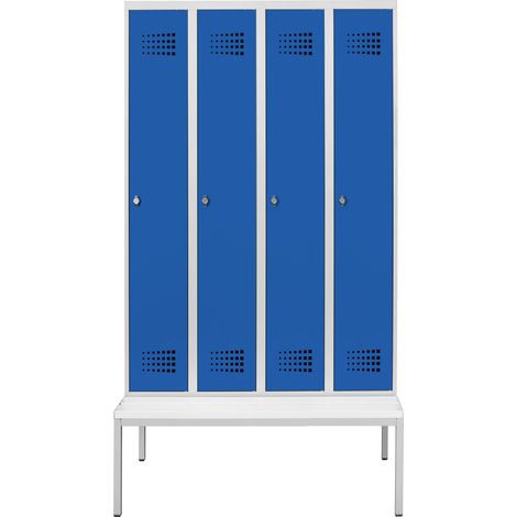 STIER Garderobenspind Premium mit Sitzbankuntergestell 4 Abteile Drehriegel lichtgrau/enzianblau (1/4)