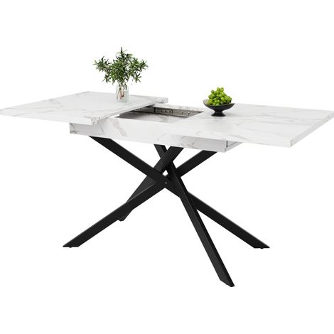 Mesa de comedor extensible 120-160 cm en MDF y metal, blanco marmoleado, patas negras (1/5)