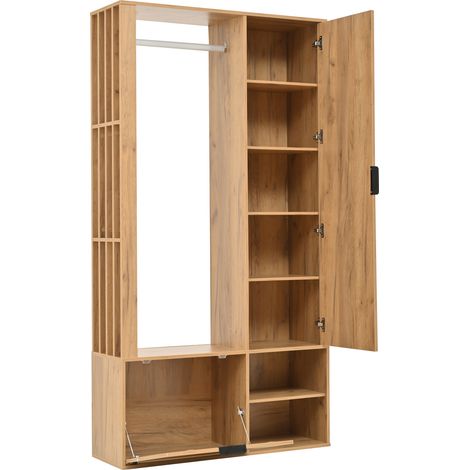 Armoire d'entrée 10033190 cm, meuble de couloir 6-en-1, pour suspendre les manteaux, meuble d'entrée avec étendoir à linge, penderie avec miroir, largeur 100 cm, armoire avec porte inférieure, couleur