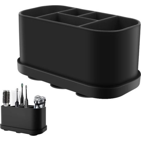 Organizador de cajones, organizador de baño, 5 compartimentos, silicona, bandejas de almacenamiento, con ventosa, para cocina y escritorio, cinco orificios de drenaje, negro. (1/5)