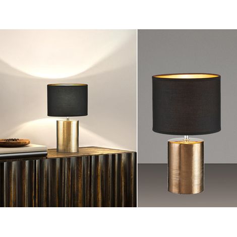 Tischleuchte BRONZ mit Keramikfuß & Stoffschirm Schwarz innen Gold, Höhe 35cm