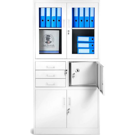 Jan Nowak C018S Aktenschrank Büroschrank Metallschrank Tresor Safe Geheimfach Flügeltüren Schubladen Pulverbeschichtung Stahlblech 185 cm x 90 cm x 40 cm weiss (1/5)