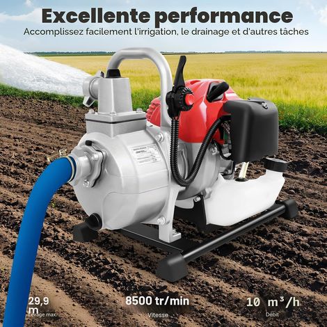 Motopompe Essence 2 Temps 43cc, Pompe à Eau Thermique Portable Auto-Amorçante, Hauteur Refoulement 30m Débit 10m³/h, Refroidi par Air Irrigation Jardin Ferme, Tuyau Aspiration 2m Inclus, 36x28x32cm (1/5)