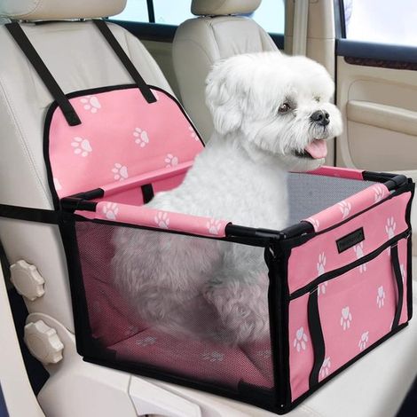 Siège auto pliable pour animaux de compagnie en tissu Oxford imperméable - motif empreinte de patte rose - sûr et robuste - panier respirant pour chien (1/5)