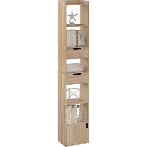 WOLTU Libreria, Mobile portalibri alta a 6 Ripiani Aperti e 1 Scomparto con Anta,, Scaffale da ufficio o cameretta, Rovere Chiaro (1/5)