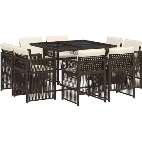 9 Piece Garden Dining Set with Cushions Brown Poly Rattan vidaXL (1/4)