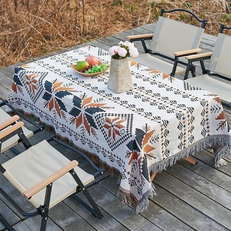 [JAMAIS UTILISÉ] Table rectangulaire bohème élégante en coton lin avec pompons Nappe anti-taches imperméable et facile d'entretien pour intérieur, extérieur, jardin, salle à manger, fêtes (130 x 180 c (1/4)
