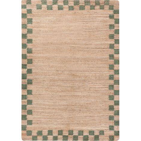 Tapis Rectangulaire Tissé en Jute et Coton 160 x 230 cm avec Bordure à Carreaux Style Rustique Salon Chambre Beige et Vert Beed