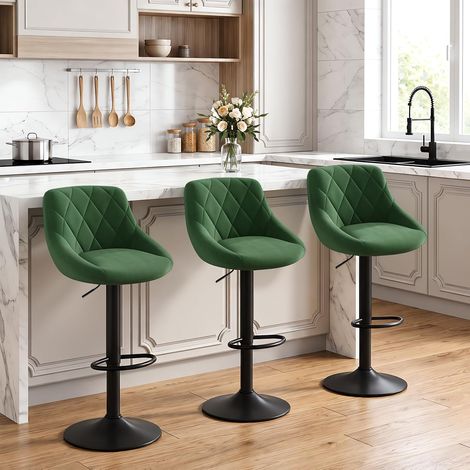 Lot de 3 Tabouret de bar WOLTU, siège en velours, tabourets de Cuisine Hauteur réglable pieds en métal, Vert Foncé (1/5)