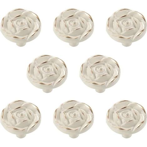 Lot de 8 boutons de placard vintage, poignées de tiroir, blanc, forme rose (1/5)
