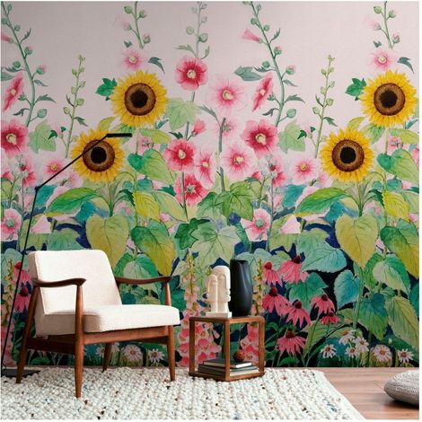 Photo wallpaper Profhome 398831 hot embossed non-woven wallpaper smooth with floral pattern matt pink green yellow blue 1.59 m x 2.8 m (1/4)