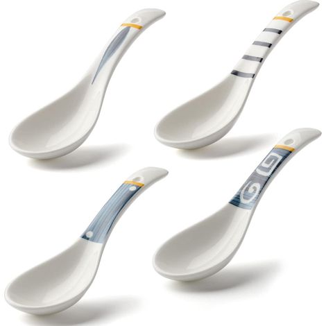 Ensemble de 4 cuillères à soupe japonaises pour ramen, cuillères à soupe chinoises en porcelaine pour nouilles ramen, udon, pho et sauce au riz (style japonais) (1/5)
