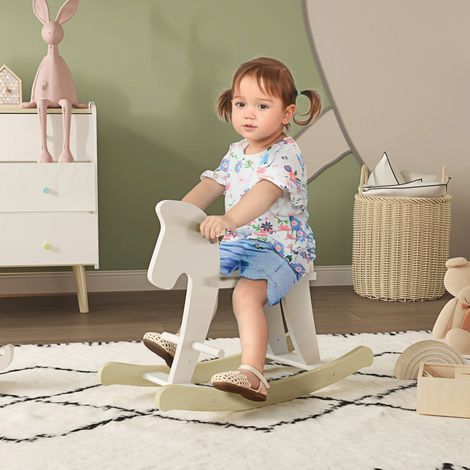 Cheval à bascule pour enfants de 1 à 3 ans - 68x26,5x48cm - design classique en bois avec poignées et repose-pieds - blanc