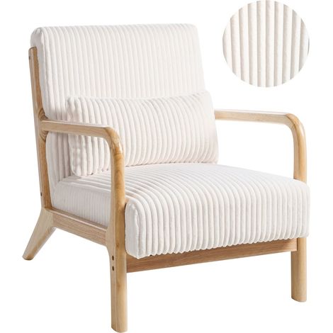Armchair White Cordyroy Upholstery Wooden Frame Vintage Style Low Frame SORSELE