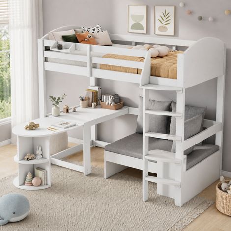 Lit mezzanine enfant en bois massif blanc 90x200 cm avec bureau coulissant, canapé de rangement et sommier inclus