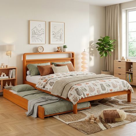 Lit gigogne 140x200 cm avec lit d'appoint 90x190 cm et tête de lit arrondie, en bois, naturel, sans matelas (1/5)