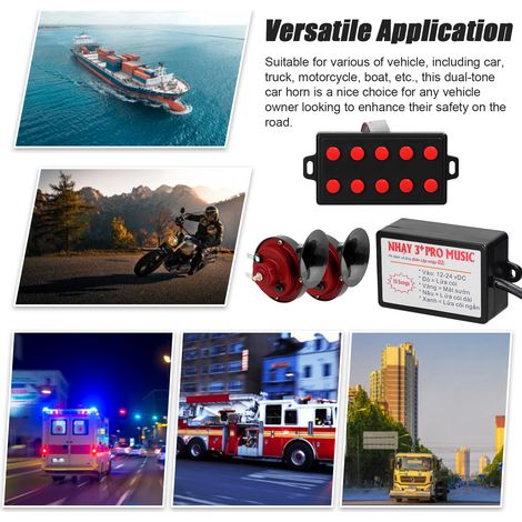 2 pièces 12 V universel Double ton klaxon voiture moto Air fort électrique escargot étanche haut/bas réglage avec 10 sons contrôleur. (1/5)