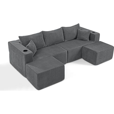 Canapé d’angle modulable 3 places en velours côtelé gris avec ottomanes mobiles, porte-gobelets et poches latérales (1/5)