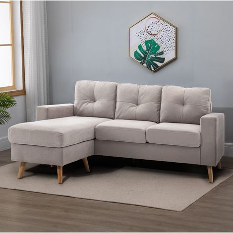 Divano angolare 193x136x85 cm, chaise longue reversibile, 3 posti, struttura in legno, lino, grigio chiaro (1/5)