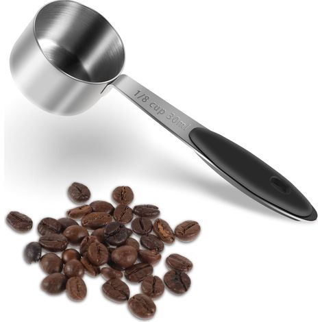 Cuillère doseuse à café 30 ml en acier inoxydable, cuillère à café en métal, outils de mesure, balance de cuisine portable, cuillère à long manche, cuillère à soupe, poignée en silicone noir, dosette (1/5)
