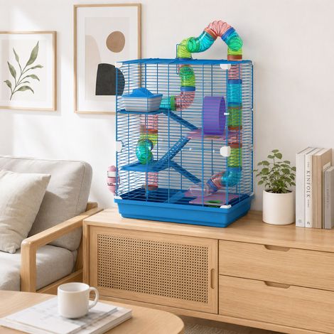 Cage pour hamster rongeur 4 étages avec tunnels mangeoire roue maison échelles 46 x 30 x 58 cm bleu (1/5)