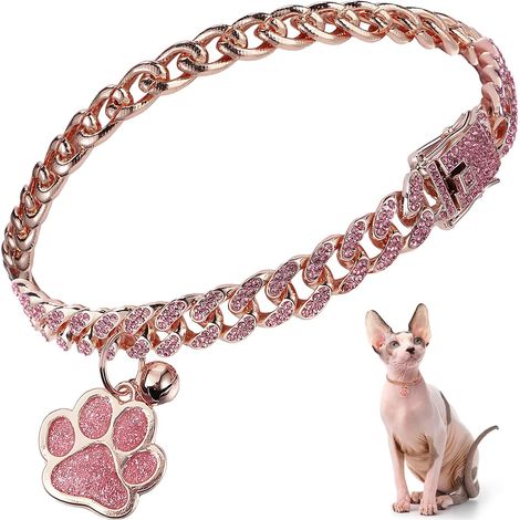Collier pour chat style chaîne à maillons cubains avec strass et paillettes – Métal, boucle de sécurité, breloque patte, médaille d'identification et grelot – Accessoire bijou (20 cm / 8 pouces, or ro