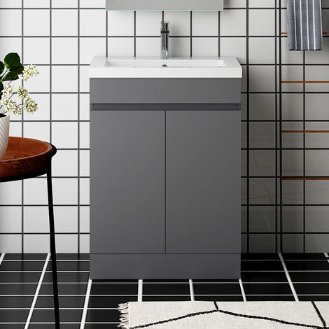 600mm Vanity Unit with Basin Floor Standing High Gloss Grey Storage Cabinet 2 Doors (1/5)
