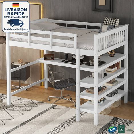 Lit mezzanine enfant avec bureau 140x200cm, pin, sans matelas, lit simple, blanc (1/5)
