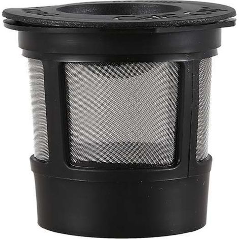 Ein wiederverwendbarer Kaffeefilter aus schwarzem Kunststoff und Edelstahl 304 mit ungefähren Abmessungen von 5 x 4,5 x 3,6 cm.
