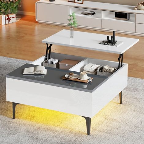 Table Basse Relevable - 70x70x35cm - Plateau Hydraulique Coffre Intérieur Tiroir Éclairage LED APP Effet Brillant Salon - Blanc (1/5)