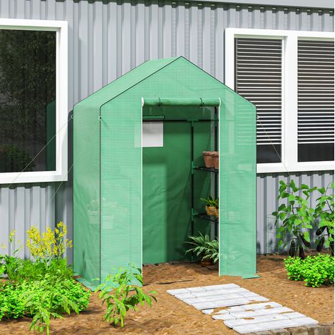 Serra da giardino 143x74x190 cm verde in plastica con porta avvolgibile, finestra e scaffali laterali (1/5)