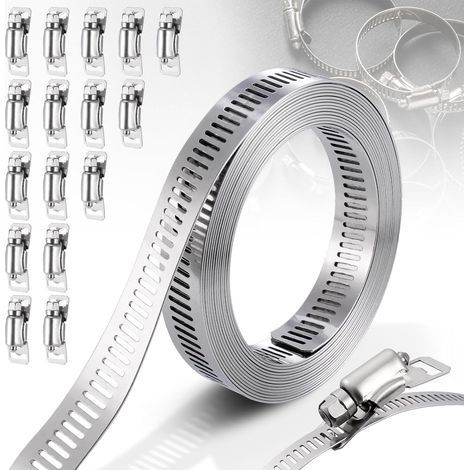 Collier de serrage en acier inoxydable 304 de 5 m, ruban perforé en métal réglable, pince en acier inoxydable de fixation en 16 pièces pour plomberie, machine à laver, piscine, jardin (1/4)