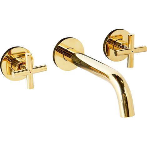 Rubinetto miscelatore per lavabo a parete con 3 fori doppia maniglia in ottone color oro KAIETEUR