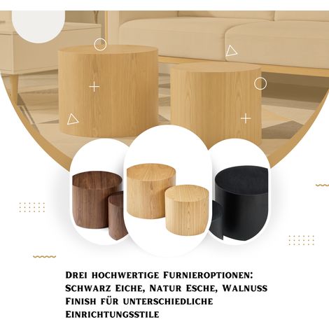 Ensemble de 2 tables gigognes rondes en bois massif Ø48x38 et Ø38x32 cm, finition noyer naturel, noir et frêne naturel (1/5)