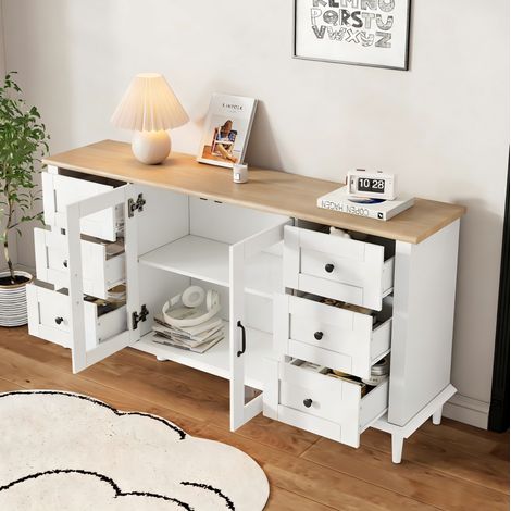 Buffet 150x40x75 cm en MDF et acrylique blanc et bois, avec rangement pour salon FloraGrace (1/5)