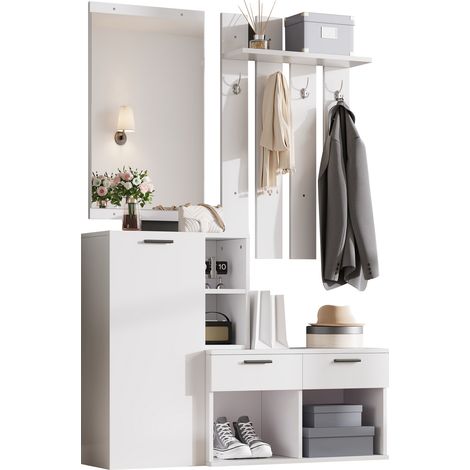 ELVMI Mobile da Ingresso con Specchio, 1 Anta, 2 Cassetti, 10 Vani e 4 Ganci per Corridoio in MDF 120x35x175.5 cm Bianco (1/5)