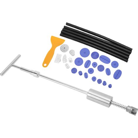 Ensemble de 33 pièces pour débosselage sans peinture : barre en T avec grattoir et languettes de traction pour la réparation des dommages de carrosserie automobile