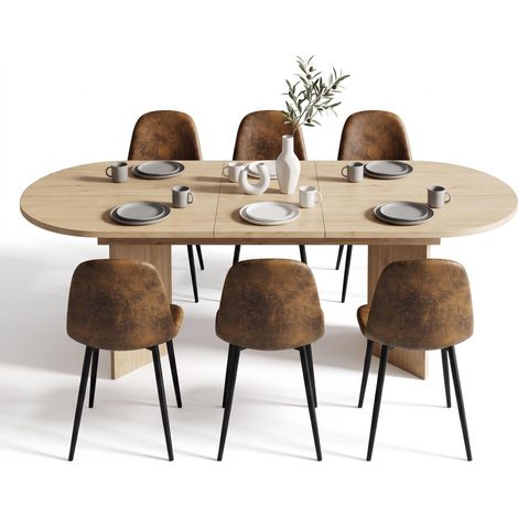 FurnitureR 7-Piece Dining Set, 160-200CM Light Wood Extendable Oval Table & 6 Brown Suede Chairs (1/5)