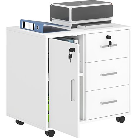 Mobile contenitore da ufficio con serratura, dotato di 3 cassetti e ripiano regolabile, ruote, 40 x 60 x 56 cm, bianco.