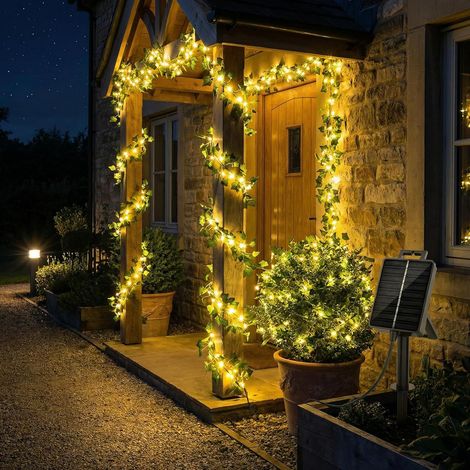 Guirlande lumineuse solaire extérieur, 10M 80LED Guirlande lumineuse solaire lierre avec 8 modes IP67 résistant aux intempéries pour jardins, balcons, terrasses, clôtures, décoration intérieure (1/5)