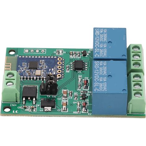 Module relais 2 canaux avec carte Bluetooth, commande à distance via application et indicateur lumineux, alimentation 12 V CC. (1/5)