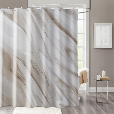 Rideau de Douche, 150x180cm, Art Abstrait Moderne Marbre Marron Vague Luxe Tissu Imperméable Rideau de Salle de Bain Lavable en Machine avec Crochets (1/4)