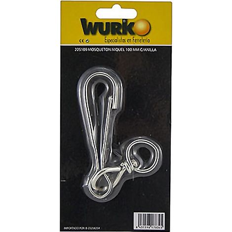 WURKO mosqueton niquel 120 mm &43 anilla , Mosquetón niquelado Tamaño: 120 mm Color: Níquel Con anilla Mosquetón Mosquetón niquelado Anilla giratoria. - Blist