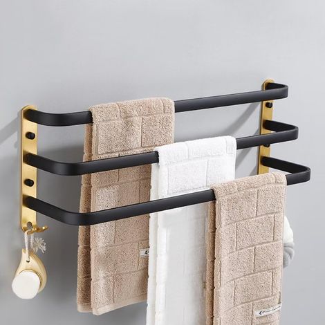 Porte-Serviette Noir sans Percage pour Salle de Bain - Barre Serviette Murale Aluminium 2 Crochets, 3 Couches 30cm - Cuisine Or Noir (1/5)