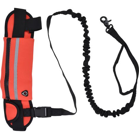 Laisse mains libres pour chien avec poche zippée amovible, bande réfléchissante, laisse de hanche flexible pour les promenades (Rouge) (1/5)