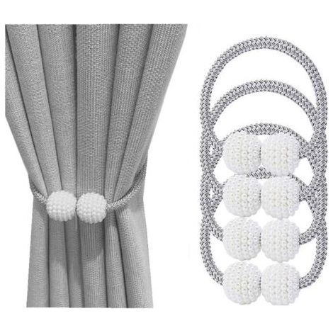 4 Embrasses à Rideaux, Rideaux Boucles, boucles de rideau magnétiques de boule de perle pour la maison, le bureau, la décoration de fenêtre d'hôtel (Blanche) (1/5)