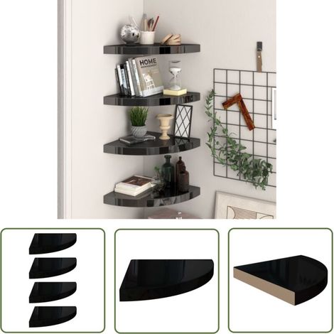 Lot de 4 Étagère d'angle flottante Étagère de Rangement - Meuble de rangement Noir brillant 35x35x3,8cm MDF BV744238 - BonneVie (1/5)
