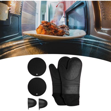 Dicke Silikon-Küchenhandschuhe für Grill, Mikrowelle und Backofen inklusive 2 Handclips und 2 hitzebeständigen Pads (schwarz). (1/5)
