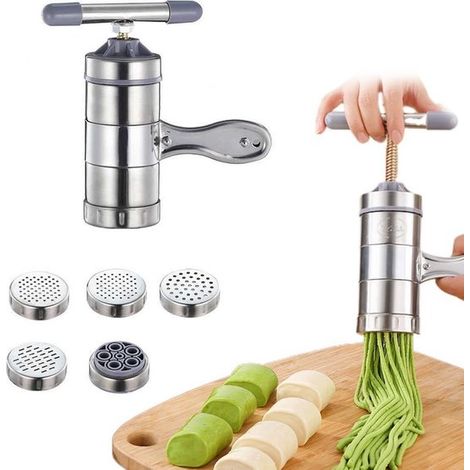 Macchina per la pasta manuale in acciaio inox, portatile, con 5 formati di pasta, ideale per casa o ristorante. Dimensioni: 18 x 13,5 x 9 cm. (1/5)