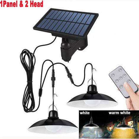 Suspension solaire extérieure étanche à LED (blanc chaud, 2 têtes), avec télécommande, compatible avec abri de jardin, grange ou pièce. (1/5)